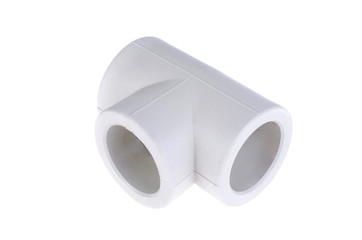 Polypropylene tee on a white background. Plastic pipes. High temperature soldering.