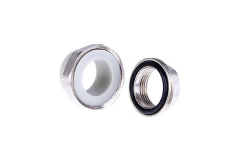 Polypropylene threaded coupling on a white background. American polypropylene. Plastic pipes. High temperature soldering.