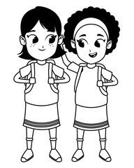 childhood adorable students girls cartoon in black and white