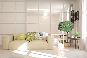 Stylish room in white color with sofa. Scandinavian interior design. 3D illustration