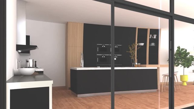 Fly through in a domestic modern kitchen with stove, stove and shelving, 3d render, 3d illustration, three-dimensional environment, architecture, engineering
