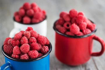 Ripe organic raspberries in blue, red and white metal mugs on gray background.