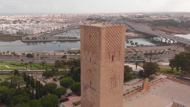 Rabat morocco: Drone footage of Rabat 29 juin 2019 , View of Tour Hassan tower - Hassan Tower or Tour Hassan is the minaret &agrave; Rabat