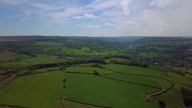 Aerial view from Curbar Edge over Hope Valley in Peak District National Park in Derbyshire, England