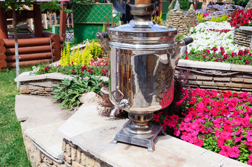 Russian samovar for tea in the garden.