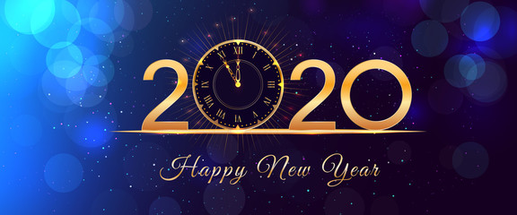 2020 Happy New Year eve glowing text design with vintage gold clock on blue background with bokeh effect, glitter and falling snow. Holiday banner, poster or greeting card template. Year of the rat
