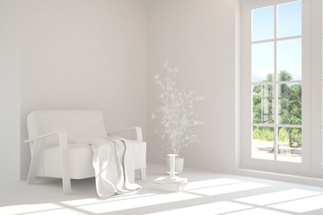 Mock up of stylish room in white color with armchair. Scandinavian interior design. 3D illustration