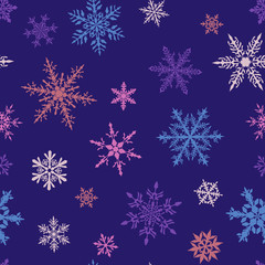 Naklejka na ściany i meble Christmas seamless pattern of complex big and small multicolored snowflakes on blue background