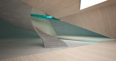 Abstract architectural wood and glass interior of a minimalist house with neon lighting. 3D illustration and rendering.