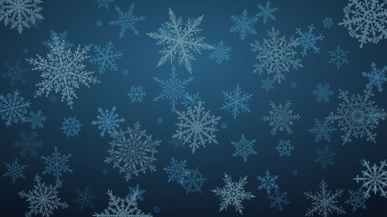 Fototapeta na wymiar Christmas background with various complex big and small snowflakes in blue colors