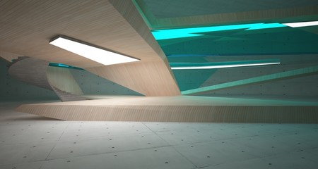 Abstract architectural wood and glass interior of a minimalist house with neon lighting. 3D illustration and rendering.