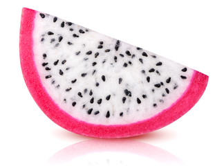 Isolated dragonfruit. The white-fleshed pitahaya fruit wedge isolated on white background with...