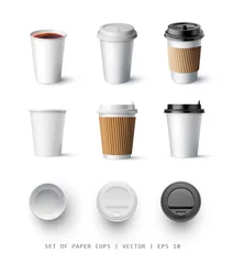 Fotobehang Koffie Geïsoleerde realistische vectormodelkop voor koffie of thee. Voor-, zij- en bovenaanzicht. Een set mockup. vector illustratie