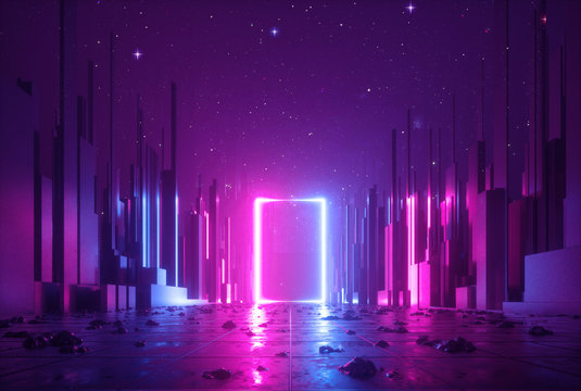 3d abstract neon background, cyber space virtual reality, ultraviolet glowing frame, portal at the end of the street of fantastic city, minimal skyscrapers, post apocalyptic urban concept, night sky