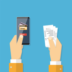 Online bill payment via phone. Bills in hand. Vector illustration
