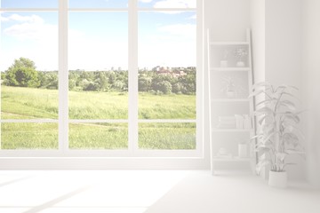 Naklejka na ściany i meble Stylish empty room in white color with summer landscape in window. Scandinavian interior design. 3D illustration