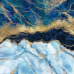 abstrakcyjne tło, niebieski marmur, sztuczna tekstura kamienia, płynna farba, folia złota i brokat, malowane sztuczne marmurkowe powierzchnie, ilustracja marmurkowa moda - 279022531