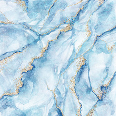 abstract background, white blue marble with gold glitter veins, fake stone texture, painted artificial marbled surface, fashion marbling illustration - obrazy, fototapety, plakaty