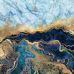 abstrakcyjne tło, niebieski marmur, sztuczna tekstura kamienia, płynna farba, folia złota i brokat, malowane sztuczne marmurkowe powierzchnie, ilustracja marmurkowa moda - 279022908