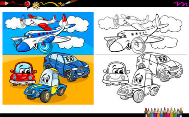 Fototapeta na wymiar planes and cars characters coloring book
