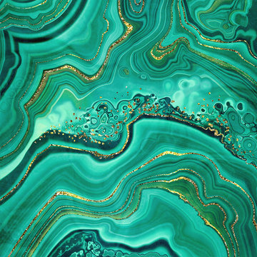 abstract background, fake stone texture, malachite green agate jasper marble slab with gold glitter veins, wavy lines fashion print, painted artificial marbled surface, artistic marbling illustration