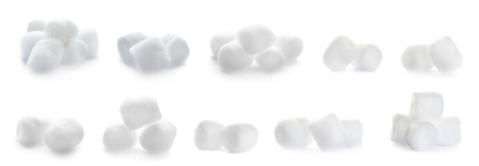 Set of soft cotton balls on white background. Banner design