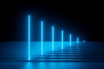 3d render, abstract blue neon background, glowing vertical lines, illuminated stairs, fashion podium, performance stage