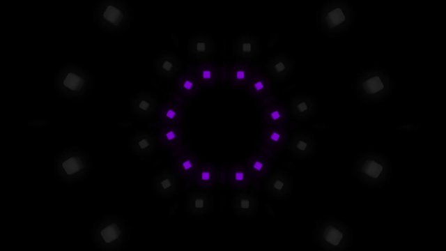 1980s style circular shape in 3D in fluorescent colors. Animated as the camera follows lights through the tunnel 
