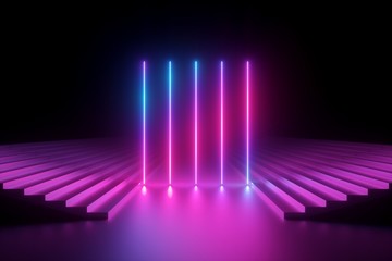 3d render, abstract pink blue neon background, glowing vertical lines, illuminated stairs, ultraviolet spectrum, fashion podium, performance stage