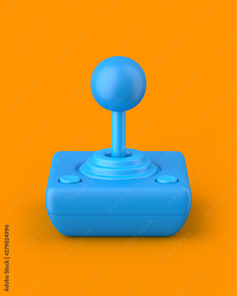 Wall mural Blue retro joystick on an orange background. 3d render. Angled view. Kitsch Art Series.