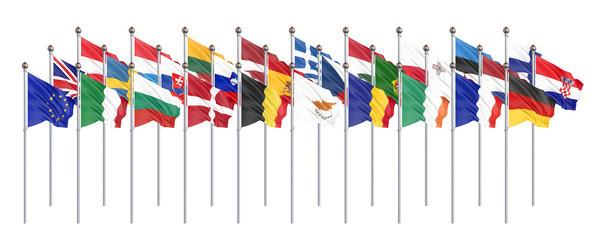 Silk waving 28 flags of countries of European Union. Isolated on white. 3D illustration. - Illustration