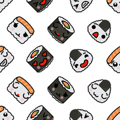 Seamless pattern with cute kawaii emoji sushi vector cartoon illustration
