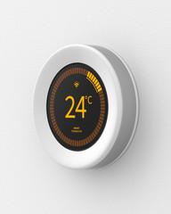 Smart thermostat mounted on a white wall. 3d render. Angled view. Smart Home Series.