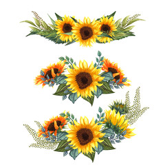 Beautiful floral collection with sunflowers bouquet, leaves, branches, fern leaves. Bright watercolor sunflowers composition set.