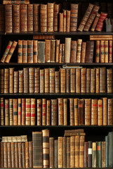 old books on wooden shelf