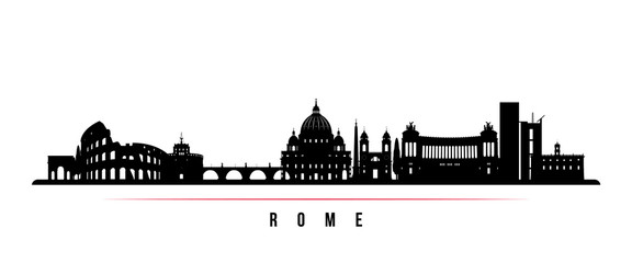 Obraz na płótnie Canvas Rome city skyline horizontal banner. Black and white silhouette of Rome city, Italy. Vector template for your design.