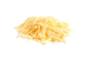 Heap of grated delicious cheese on white background