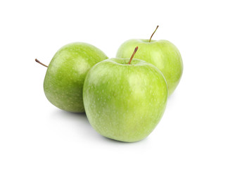 Fresh ripe green apples on white background