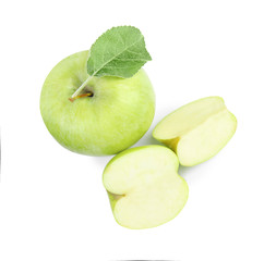 Fresh ripe green apples with leaf on white background, top view