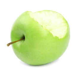 Fresh ripe green apple with bite mark on white background