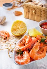 Fried shrimps on a plate with vegetables