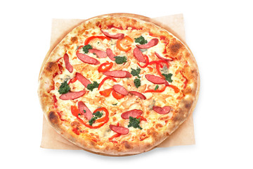 Pizza menu. Delicious hot pizza Mario with chicken, sausage and cheese. Delicious traditional Italian pizza on an isolated White background
