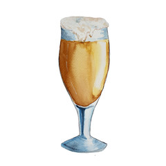Glass with beer. Watercolor hand drawn illustration.