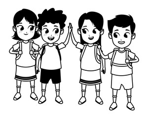 childhood cute school students cartoon in black and white