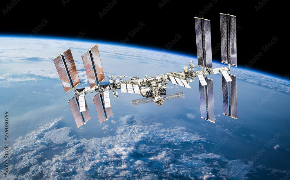 Poster iss station on orbit of the earth planet. elements of this image furnished by nasa