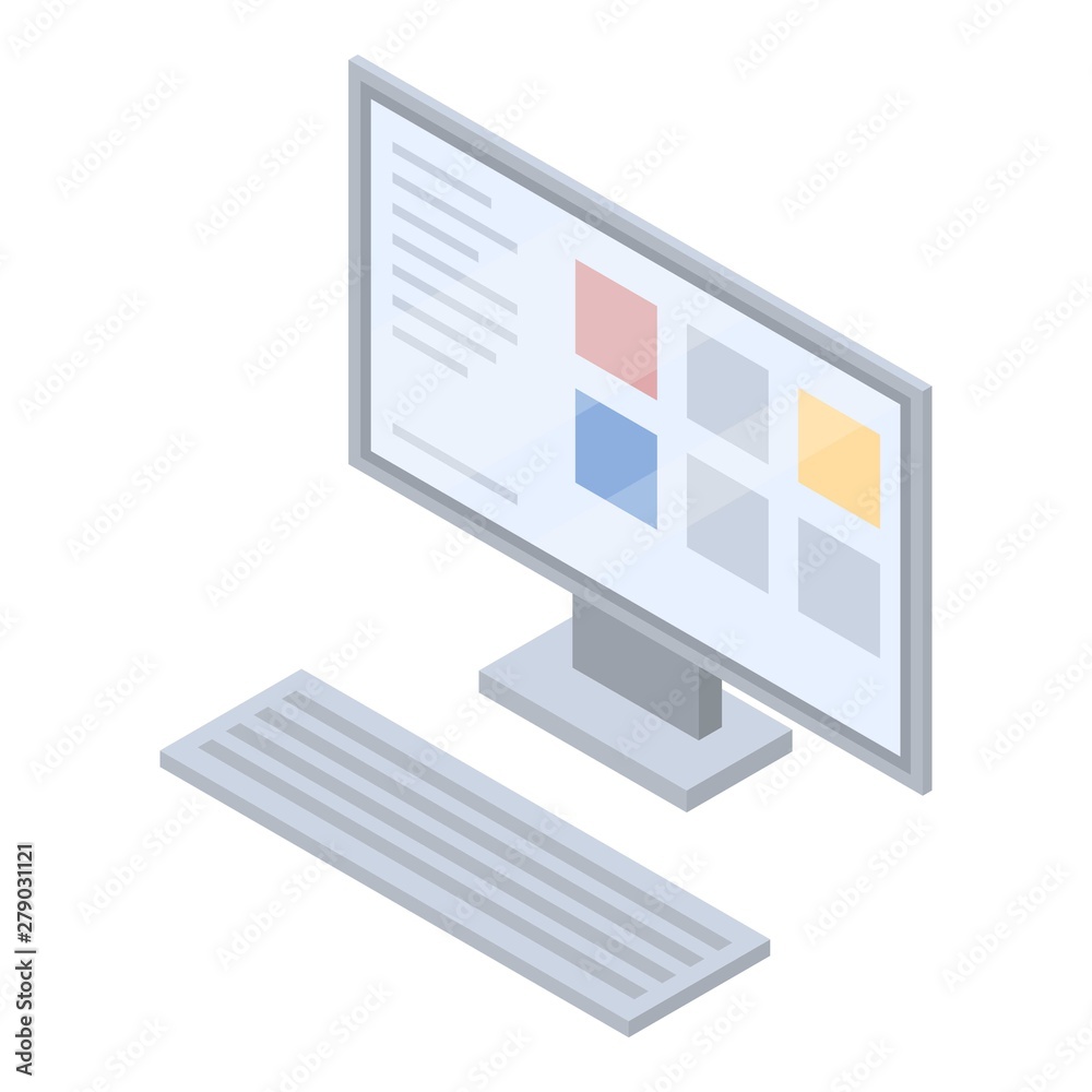Poster desktop computer icon. isometric of desktop computer vector icon for web design isolated on white ba