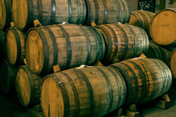 Wine barrels stacked