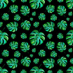 Watercolor seamless pattern with monstera leaves on dark background. Tropical leaves wrapping paper design. Hand painted illustration.
