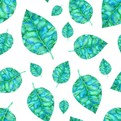 Watercolor seamless pattern with green leaves on white background. Wrapping paper design. Hand painted illustration. 