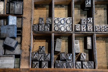 Wooden drawer of metal type blocks for printing